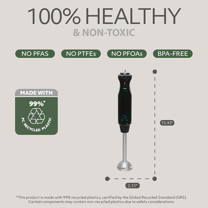 WILLOW Eco Series 5 Speed Immersion Blender Handheld, Powerful yet Quiet 500 Watt Electric Stick Blender with Turbo Mode & Removable Base, Hand Blender for Soup, Smoothie, 304 Stainless Steel - BLACK
