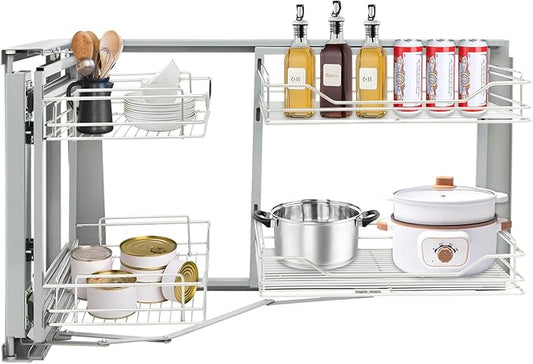 Pull-Out Cabinet Organizer, 2-Tier Left or Right Corner Kitchen Cabinet Organizer, Slide Out Drawer, Stainless Steel, Grey Silver, 4 Baskets, for Pantry, Kitchen, Apartment, Home Storage