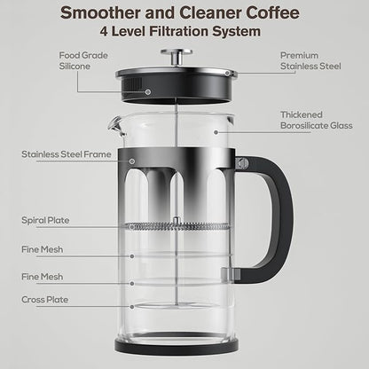 French Press Coffee Maker 34oz, Heat Resistant Thickened Glass Stainless Steel Brewer, No Plastic Touching Cafe, 4-Level Filtration, Cold Brew Cafe/Tea Pot for Kitchen Camping Travel, Gifts, Bar