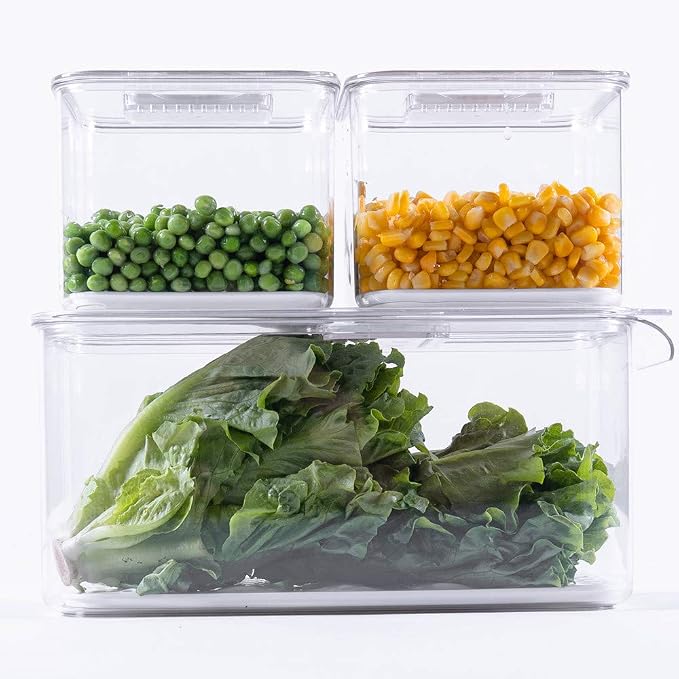 SANNO Produce Saver Containers for Refrigerator - Stackable Kitchen Organizer Keeper Bin, with Removable Drain Tray, Set of 6