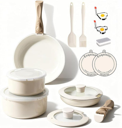 Heapsion 18-Piece Ceramic Nonstick Cookware Set, PFAS/PFOA/PTFE-Free & Non-Toxic Pots and Pans Set with Detachable Handles, Dishwasher Safe & Induction Compatible for Kitchen & RV Cooking