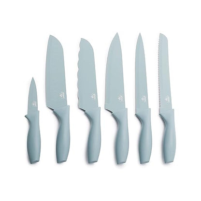 GreenLife 6 Piece Kitchen Knife Set, Rust-Resistant Nonstick Coating, High Carbon Stainless Steel Knives, Blade Guards, Razor Sharp, Ergonomic Handle, Chef, Santoku, Paring, Blue Haze