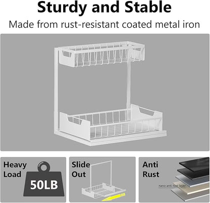 Ceetug Under Kitchen Sink Organizers and Storage Pull Out 2 Tier Metal Bathroom Cabinet Organizer (White, 1 Pack)