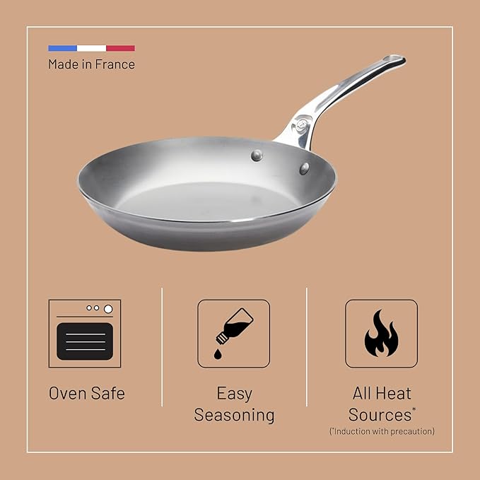 de Buyer MINERAL B Pro Carbon Steel Fry Pan - 9.5” Diameter, 6.9” Cooking Surface - Ideal for Searing, Sauteing & Reheating - Naturally Non-Stick Finish - Made in France