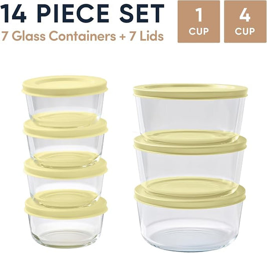 14-Piece Glass Food Storage Containers Set (7 Containers + 7 BPA-Free Lids) | 1-Cup & 4-Cup, Leakproof | Microwave, Freezer, Oven & Dishwasher Safe | Ideal for Meal Prep & Pantry Organization, Yellow