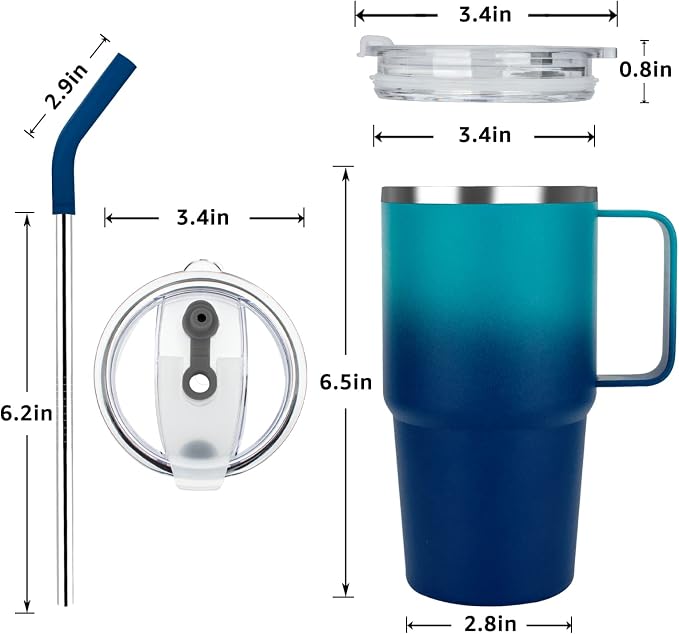 Sursip Insulated Coffee Mug with Handle and Lid, 24 oz Double Wall Vacuum Travel Thermal Coffee Tumbler with Straw for Home, Office Stainless Steel Coffee Cup - Leak proof, BPA Free(Navy-1 Pack)