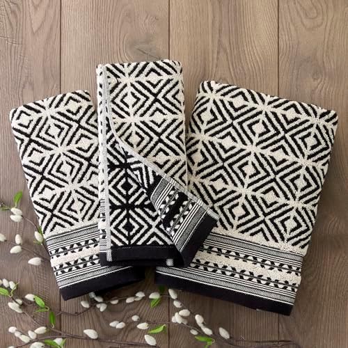 SKL Home Diamond Grid Bath Towel, Premium 100% Cotton, Black