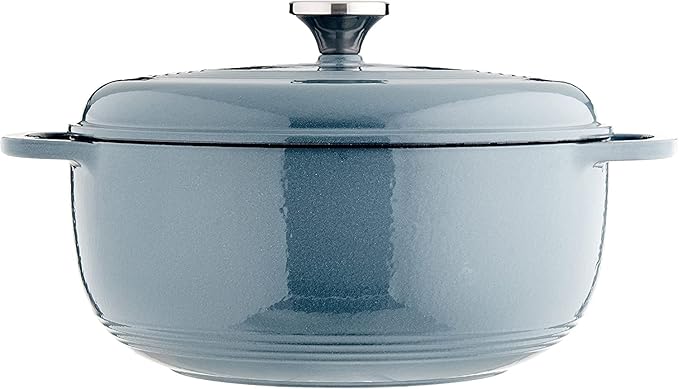 Lodge Essential Enamel Cast Iron Dutch Oven with Lid 7.5 Quart - Oven-Safe Enamel Cookware up to 500° F - Heat-Retaining Braising & Roasting Pot - Non-Toxic Cookware - Storm Blue