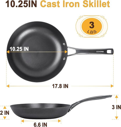 10.25" Lightweight Cast Iron Skillet – Smooth Polished Frying Pan with Rust-Resistant Nitrided Finish for Searing, Frying & Sautéing
