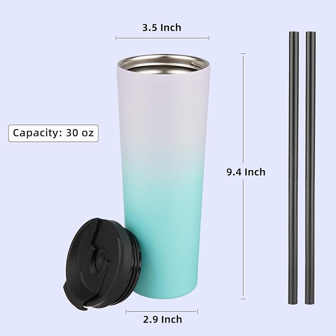Konokyo 30 OZ Insulated Tumbler with Lid and 2 Straws Stainless Steel Water Bottle Vacuum Travel Mug Coffee Cup,Lavender Green