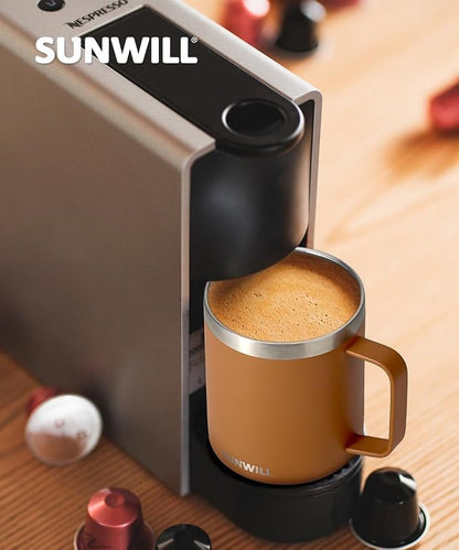 SUNWILL Insulated Coffee Mug with Lid, Travel Tumbler with Handle, 14 oz Stainless Steel Cup for Camping, Office, Home, Powder Coated Caramel