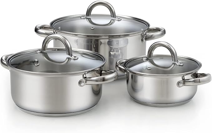 Cook N Home Basics Stainless Steel Pots Set, 1.5 & 3 Qt Sauce Pots with Lid, 5.5 Qt Dutch Oven Stockpot, Induction Compatible, Dishwasher & Oven Safe, Riveted Handles, 6-Piece