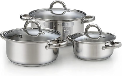 Cook N Home Basics Stainless Steel Pots Set, 1.5 & 3 Qt Sauce Pots with Lid, 5.5 Qt Dutch Oven Stockpot, Induction Compatible, Dishwasher & Oven Safe, Riveted Handles, 6-Piece