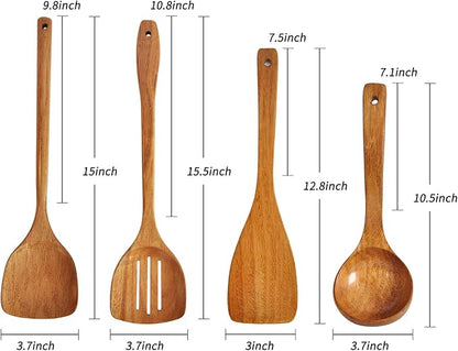 Wooden Spatula,Slotted Turner,Soup Ladle,Long Handle Utensils Set,Handmade for Kitchen Cookware (Wooden Utensil 4 Sets)