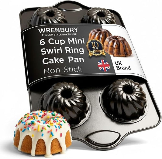 Wrenbury Swirl Buntz Pan for Baking Mini Non-Stick - 6 Cup Fluted Cake Tin | for Small Cakes - PFOA Free and Dishwasher Safe - 3.75” Cup Width