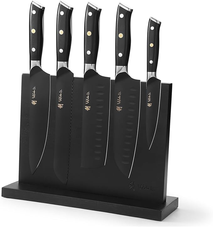 Wakoli Titanium Noir Knife Block Set – 5-Piece Chef Knife Set with Magnetic Acacia Block | 5Cr15MoV Stainless Steel Blades with Black Titanium Coating | Ergonomic G10 Handles | Kitchen Knives Gift Set