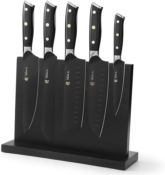 Wakoli Titanium Noir Knife Block Set – 5-Piece Chef Knife Set with Magnetic Acacia Block | 5Cr15MoV Stainless Steel Blades with Black Titanium Coating | Ergonomic G10 Handles | Kitchen Knives Gift Set