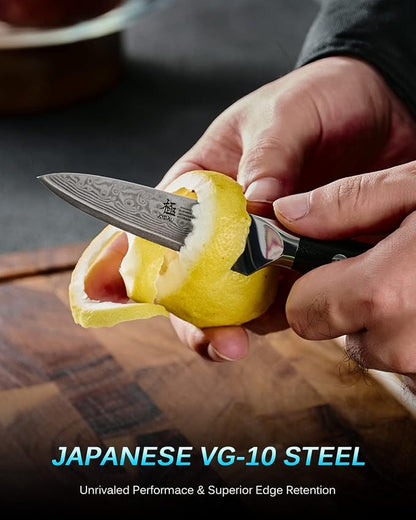 KYOKU 3.5" Japanese Paring Fruit Knife,UPGRADED Silver Ion Damascus Blade VG10 Ultra Sharp Small Kitchen Knife for Professional &Home Chefs,Vegetable Peeler for Peeling with Cover,Gifts for Father Men