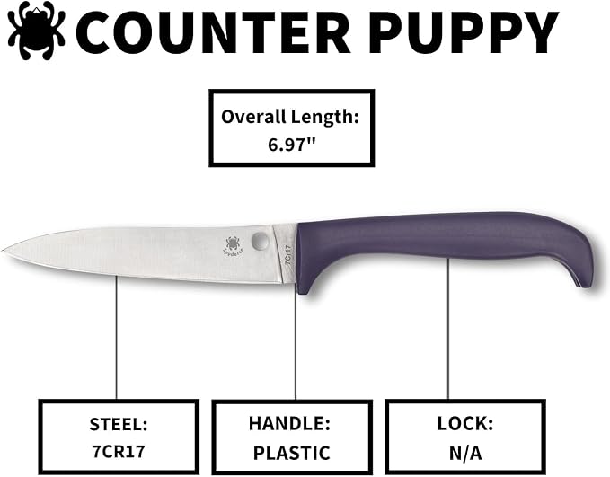 Spyderco Counter Puppy 6.9" Kitchen Knife with 3.46" Corrosion-Resistant 7Cr17 Stainless Steel Blade and Injection-Molded Purple Plastic Handle - Plainedge - K20PPR