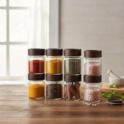 Wide Mouth Glass Storage Jars With 2.5" Acacia Wood Lids - 4 Pack of 6 Oz Food Storage Containers - Borosilicate Glass Canisters Sets For Kitchen - Pantry Organizers and Storage for Rice Coffee Beans