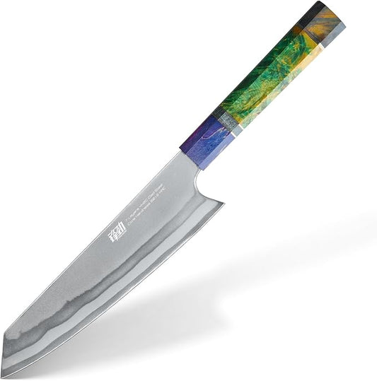 FINDKING 8 Inch Kiritsuke Chef Knife, Japanese-Style Kitchen Knife with 7-Layer 440C Clad Steel Blade, Colorful Stabilized Wood Octagonal Handle, Versatile for Slicing, Chopping, Dicing and Meal Prep