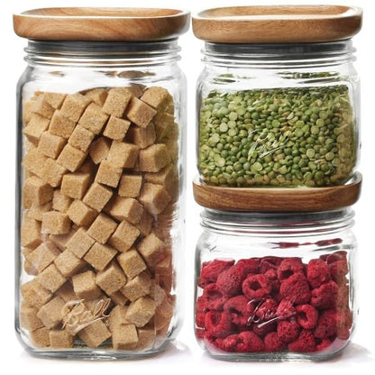 Ball Stack & Store Glass Mason Jars with Wooden Lid, Used for Pantry, Cookies, Flour, Cereal, Rice, Sugar, Tea, Coffee Beans, Spices, Square, 15.6-Cup (Pack of 4)
