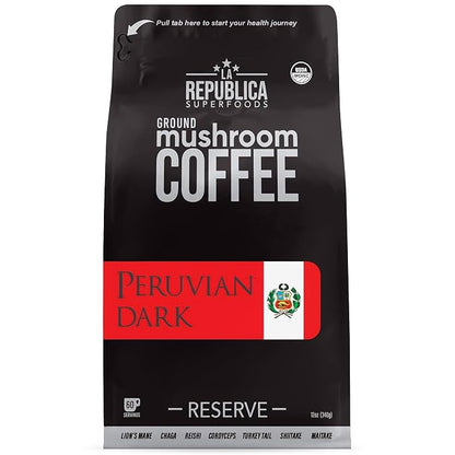 La Republica Peruvian Dark Reserve Coffee Ground for Espresso Maker (Lion's Mane, Reishi, Chaga, Dark Roast, 60 Servings)