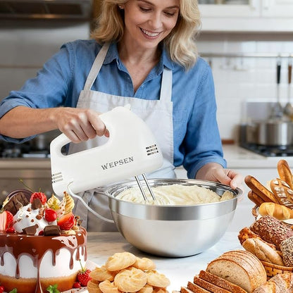 WEPSEN Hand Mixer Electric Mixing Bowls Set, 5 Speeds Handheld Mixer with 4 Nesting Stainless Steel Mixing Bowl, Measuring Cups Spoons 200W Kitchen Blender Whisk Beater Baking Supplies For Beginner