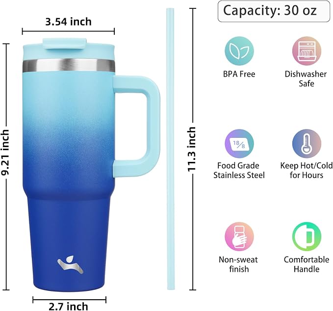 Konokyo 30 oz Tumbler with Handle and 2 Straws,2 in 1 Lid Insulated Water Bottle Stainless Steel Travel Coffee Mug,Sky