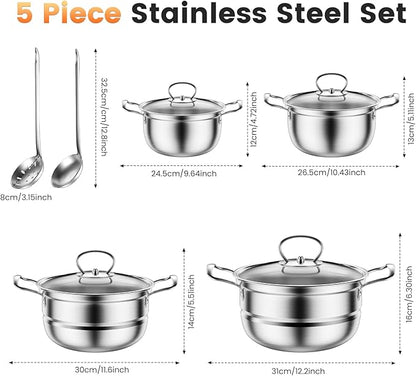 Stainless Steel Cookware Set, 12 Piece Pots Set with Steamer and Spoon, Kitchen Induction Cookware Set, Works with Induction, Kitchen Cooking Set with Glass,uncoated (Gray silver)