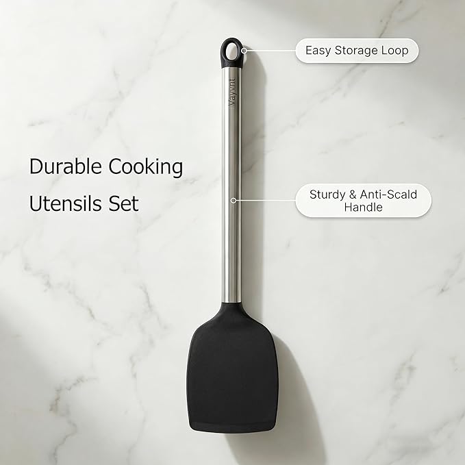 Vayvnt Silicone Cooking Utensils Set for Nonstick Cookware, 4 PCS Kitchen Silicone Spatula and Spoon Set with Stainless Steel Handle, Heat Resistant Kitchen Utensils, Dishwasher Safe, Black