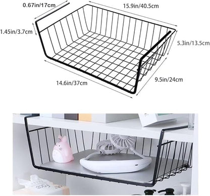 Under Shelf Storage Basket, Hanging Shelf Basket Slides Under Shelves for Storage Metal Under Cabinet Shelf Basket Organizer for Kitchen Pantry Desk Bookshelf (Black Pack of 4)