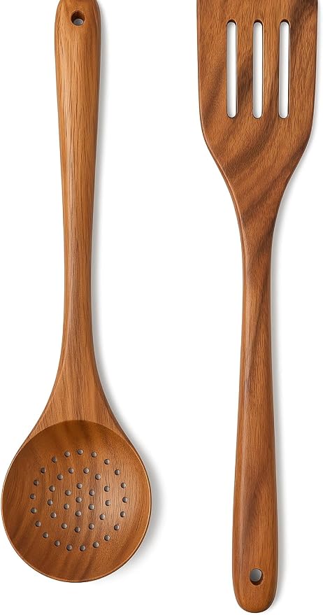 18 Inch Long Wooden Slotted Spoon for Cooking, Acacia Wood Spoon with Holes (Spoon and Spatula Set)