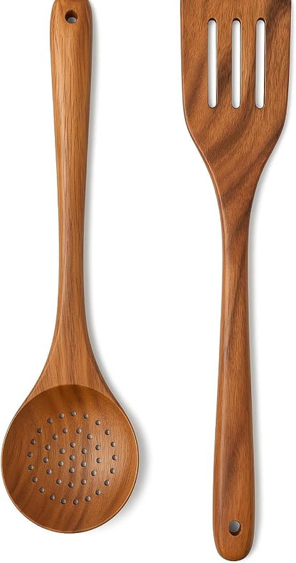 18 Inch Long Wooden Slotted Spoon for Cooking, Acacia Wood Spoon with Holes (Spoon and Spatula Set)
