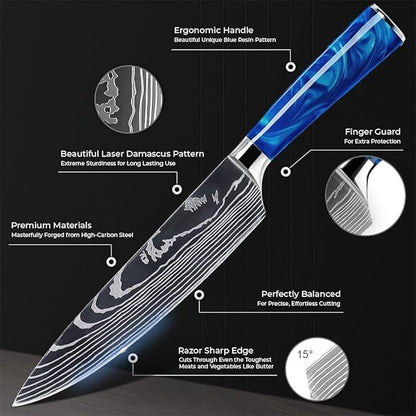 SENKEN 16-Piece Knife Block Set - Japanese High Carbon Stainless Steel with Damascus Pattern, Blue Resin Handles, 6 Steak Knives & Acacia Hardwood Block (Blue)