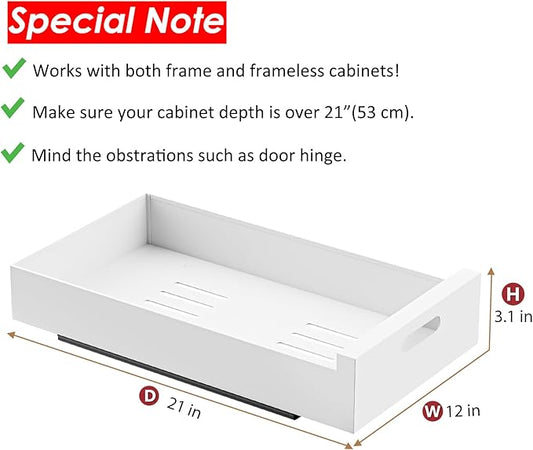 HBL' 1 Pack | 21" Deep Pull Out Cabinet Organizer Adhesive, 12-Inch Wide Sturdy Carbon Steel Roll-Out Drawers, Designed for Frameless Cabinets, Slide-Out Shelves for Pantry.