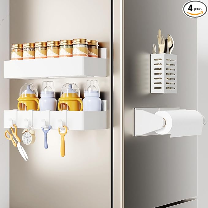 Mystozer Magnetic Spice Rack for Refrigerator,2 Pack Magnetic Shelf and 1Pack Paper Towel Holder and 1 Pack Utensils Rack,Fridge Organizers and Storage White(4 Pack)