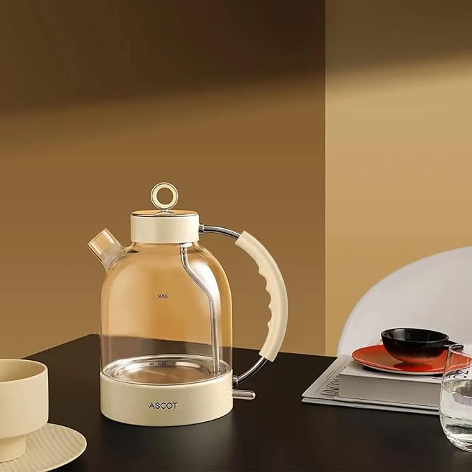 ASCOT Electric Kettle, Glass Electric Tea Kettle for Men/Women/Family 1.5L 1500W Borosilicate Glass Tea Heater, with Auto Shut-Off and Boil-Dry Protection (Beige)