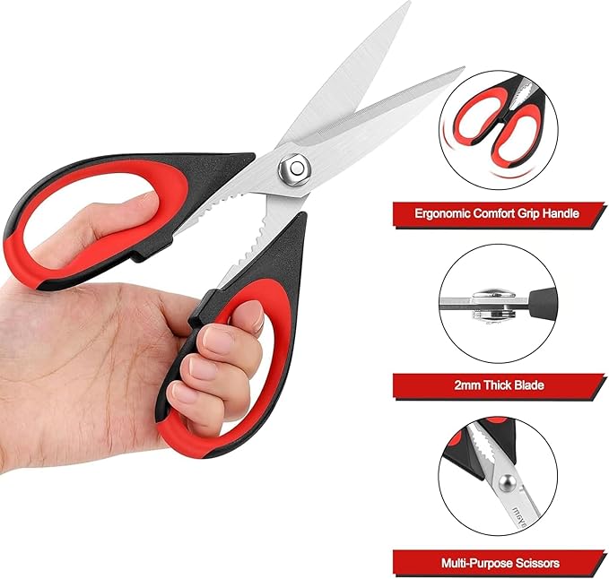 Kitchen Scissors All Purpose Heavy Duty, Kitchen Utensils Set, Stainless Steel Cooking Utensils Gadgets, Meat Poultry Food Shears Dishwasher Safe Utility Tools Home Gift (Black Red)