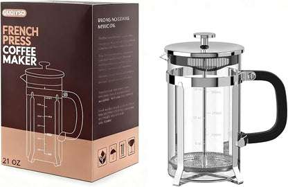 QUQIYSO French Press Coffee Maker 304 Stainless Steel French Press with 4 Filter, Heat Resistant Durable, Easy to Clean, Borosilicate Glass Coffee Press, 100% BPA Free Glass Teapot, 21 ounce, Silver