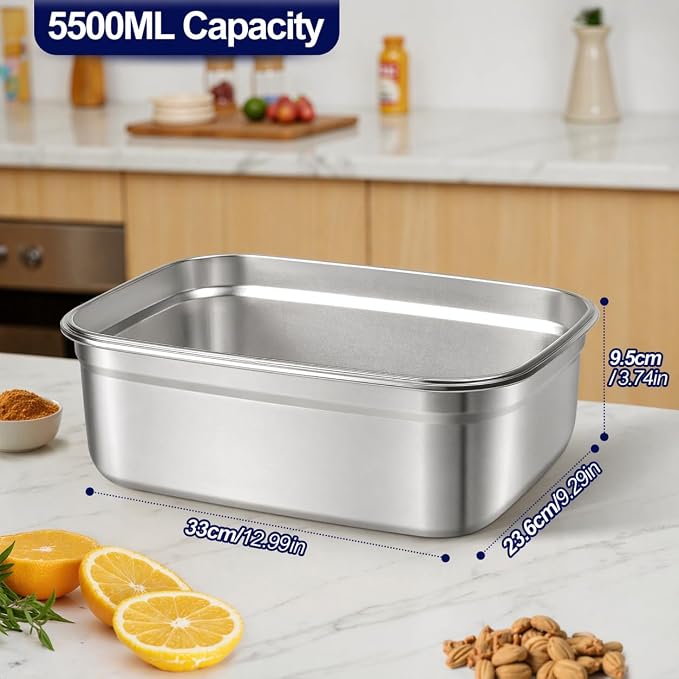 QCQHDU Stainless Steel Food Storage Containers, 5500 ML/ 186 oz / 23 Cup Large Food Storage Meal Prep Containers with Airtight Lids for Roasting Turkey, Chicken, Baking Casserole, Fruits, Party