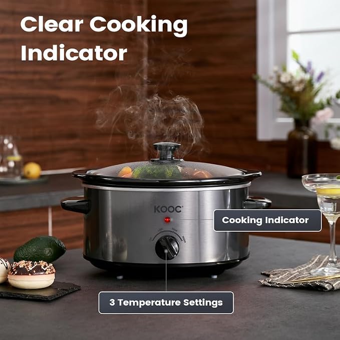 KOOC 4-Quart Slow Cooker, 3 Cooking Settings, Dishwasher Safe Ceramic Crock, Lid, Free Pot Liners Included, GREY, Ellipse Pot