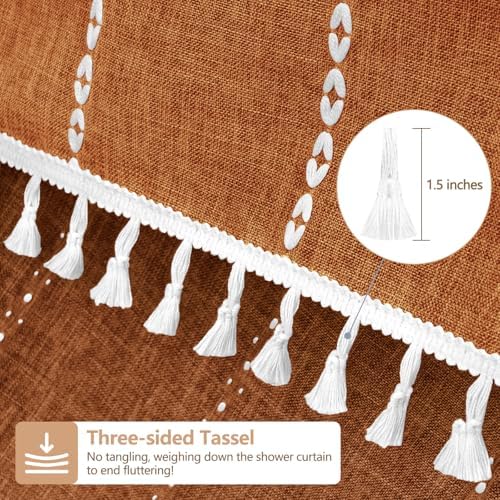 Seenus 72 x 76 inch Extra Long Boho Chic Shower Curtain Heavyweight with Tassels, Sunset Orange Linen Textured Fabric Farmhouse Shower Curtain, Elegant White Striped Bathroom Curtain Water Repellent