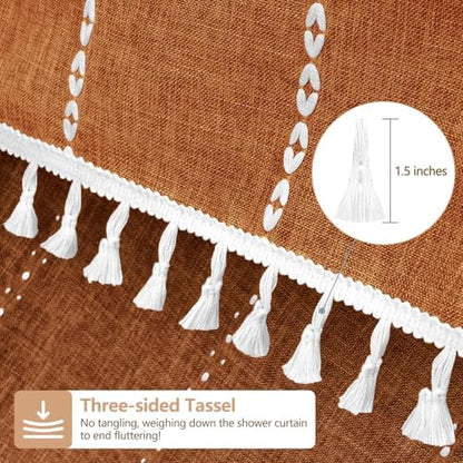 Seenus 72 x 76 inch Extra Long Boho Chic Shower Curtain Heavyweight with Tassels, Sunset Orange Linen Textured Fabric Farmhouse Shower Curtain, Elegant White Striped Bathroom Curtain Water Repellent