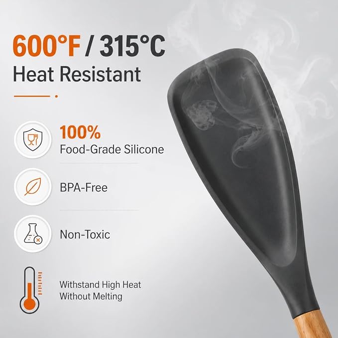 Silicone Cooking Spoon & Spoonula Spatula for Nonstick Cookware, Heat Resistant 600°F Kitchen Utensil, BPA-Free Food-Grade, Solid Wood Handle, Serving Scraping Scooping Stirring （Grey）