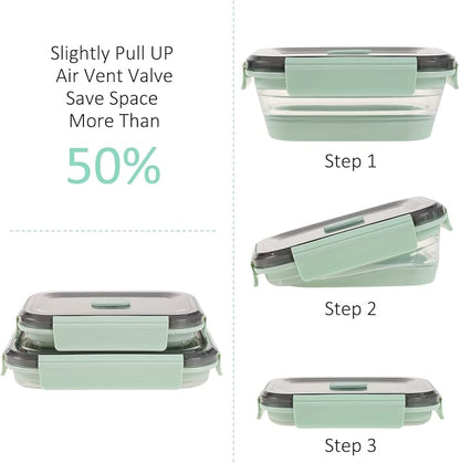 Collapsible Food Storage Containers with Lid & Air Vent, Clear Stacking Silicone Collapsible Food Container Set, Microwave Freezer Dishwasher Safe Space-Saver, Set of 4, Mint Green