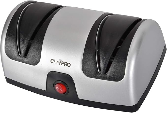 ELECTRIC KITCHEN KNIFE SHARPENER AND POLISHING SYSTEM by CHEF PRO, 2-Stage Sharpening, Compact And Easy-to-Use Design, Suction Cup Bottom and Easy Cleaning, Black-Silver