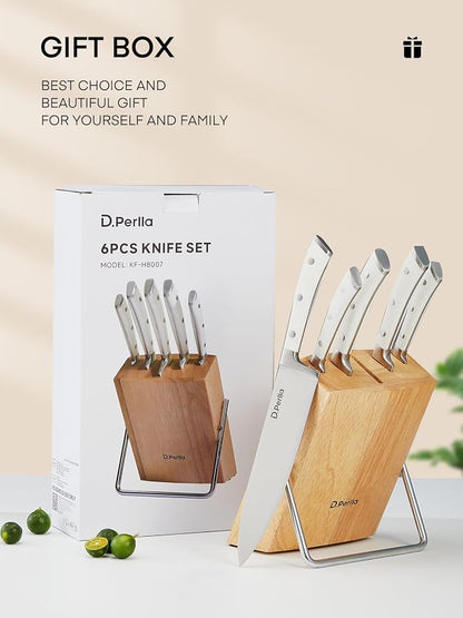 D.Perlla Knife Set with Wooden Block 6 Pieces Kitchen Knife Set, Knife Block Set with High Carbon German Stainless Steel, Sharp Knife Set with Wood Block