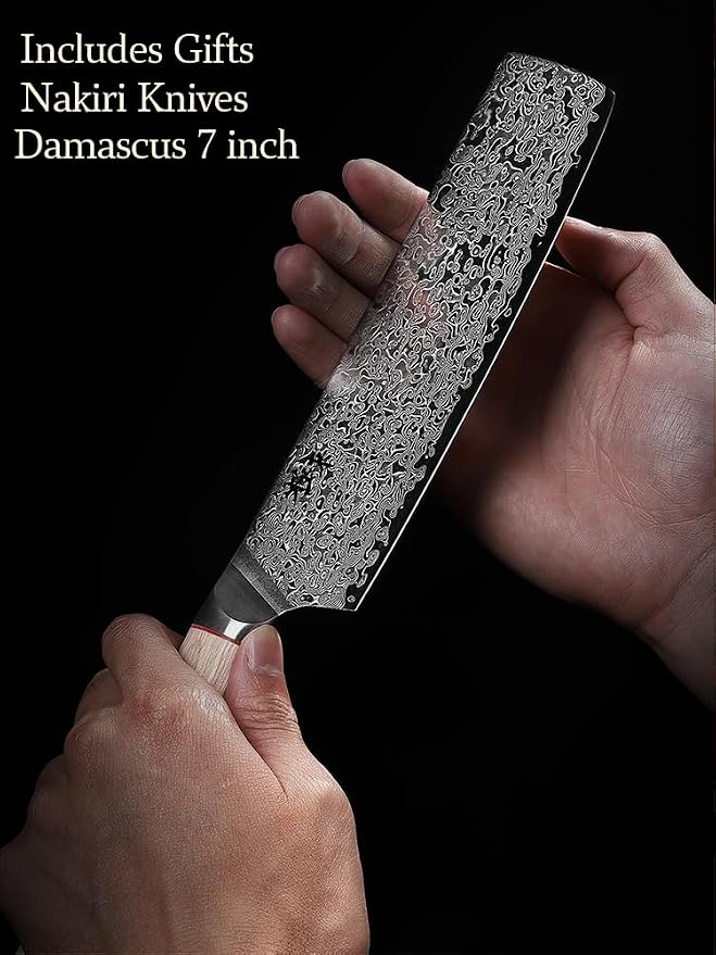 VG10 7inch Nakiri 67 layers Damascus Forged Stainless Steel kitch Knife PAKKA Handles.Black Walnut Wood Sheath Single-piece set
