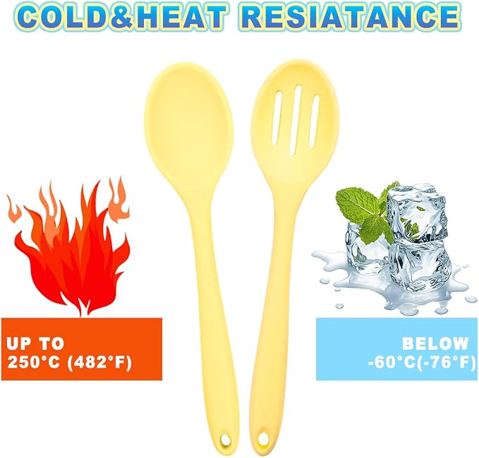 8 Pcs Heat Resistant Non Stick Silicone Serving Spoons Set -Ideal for Cooking, Baking, Mixing, Stirring Includes Slotted & Solid Spoons, Design for Nonstick Cookware (Yellow)